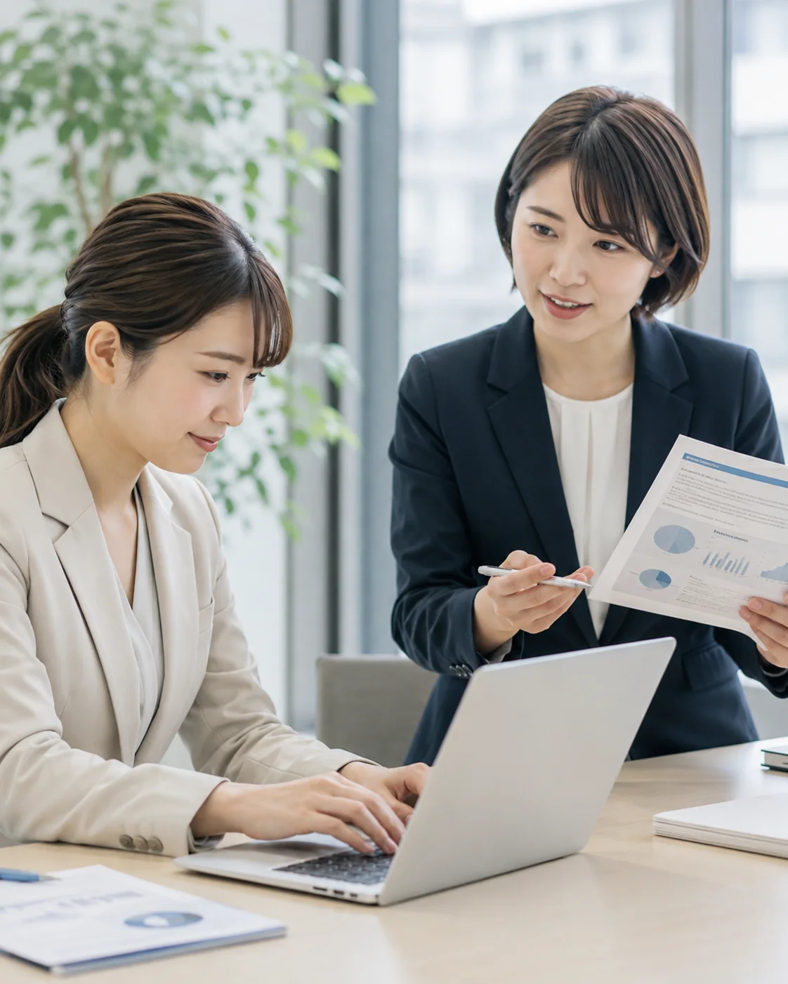 資料を検討する日本人チーム