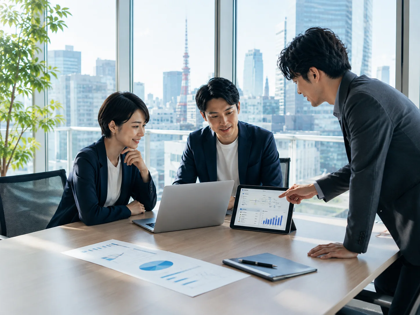 明るいオフィスで話し合う日本人チーム
