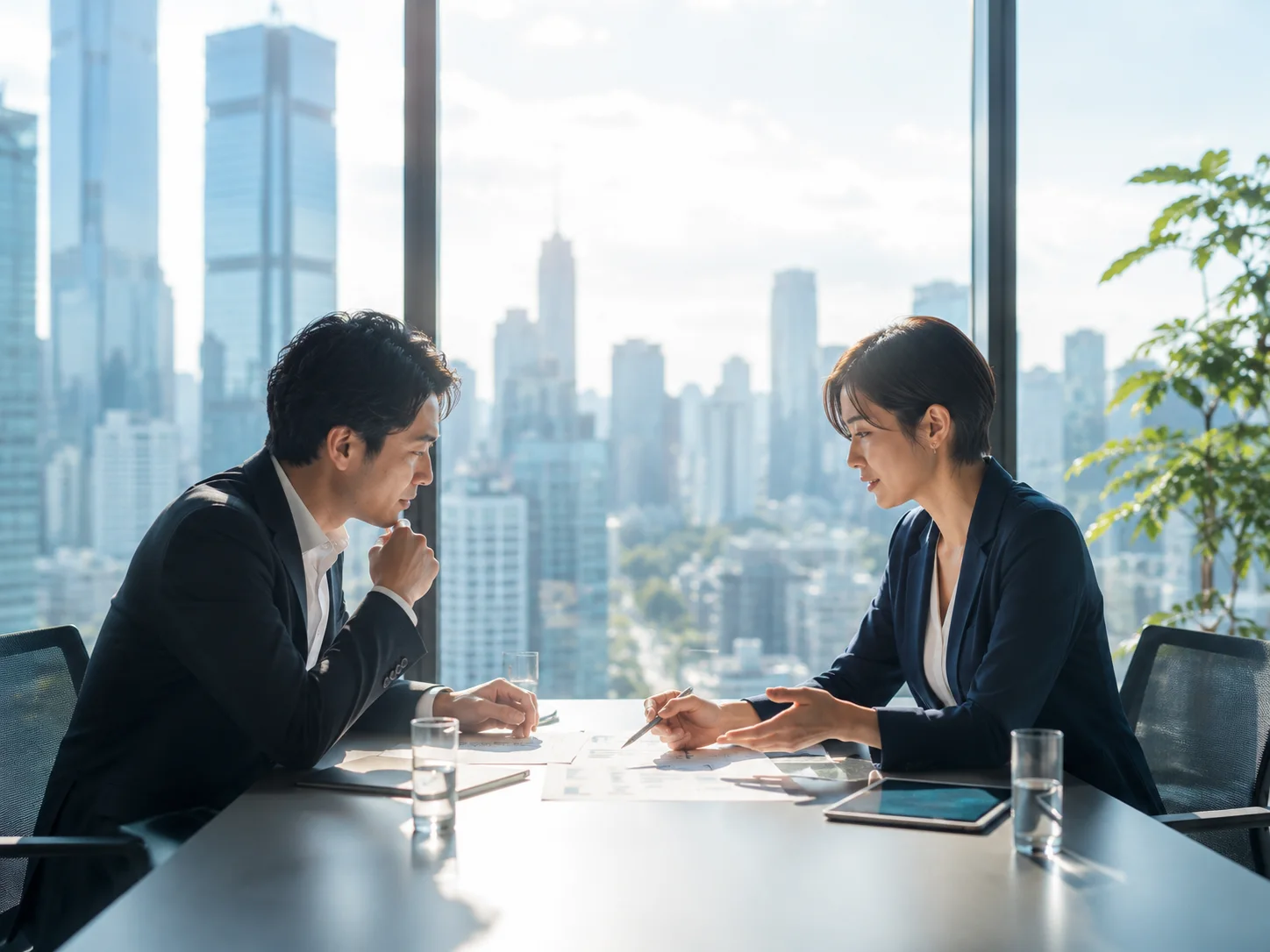 明るい高層オフィスで商談する日本人ビジネスパーソン