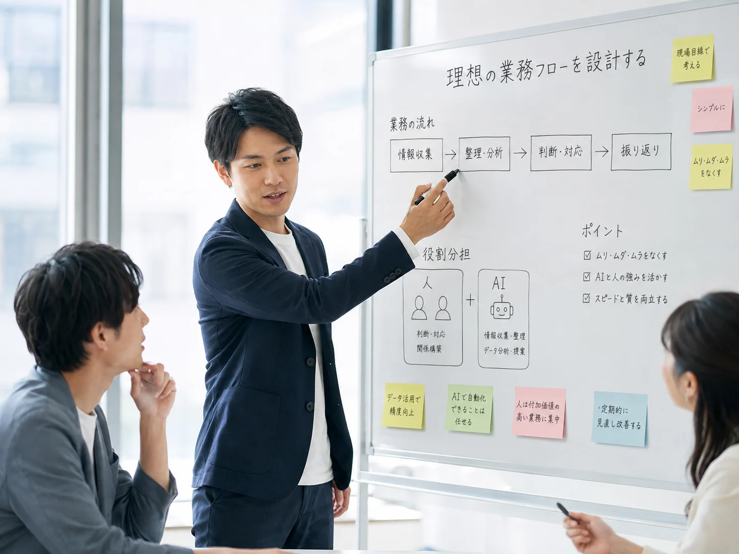 ホワイトボードで業務フローを設計する日本人チーム