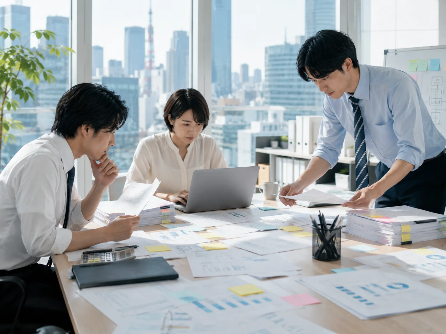 明るいオフィスで試作を確認する日本人チーム