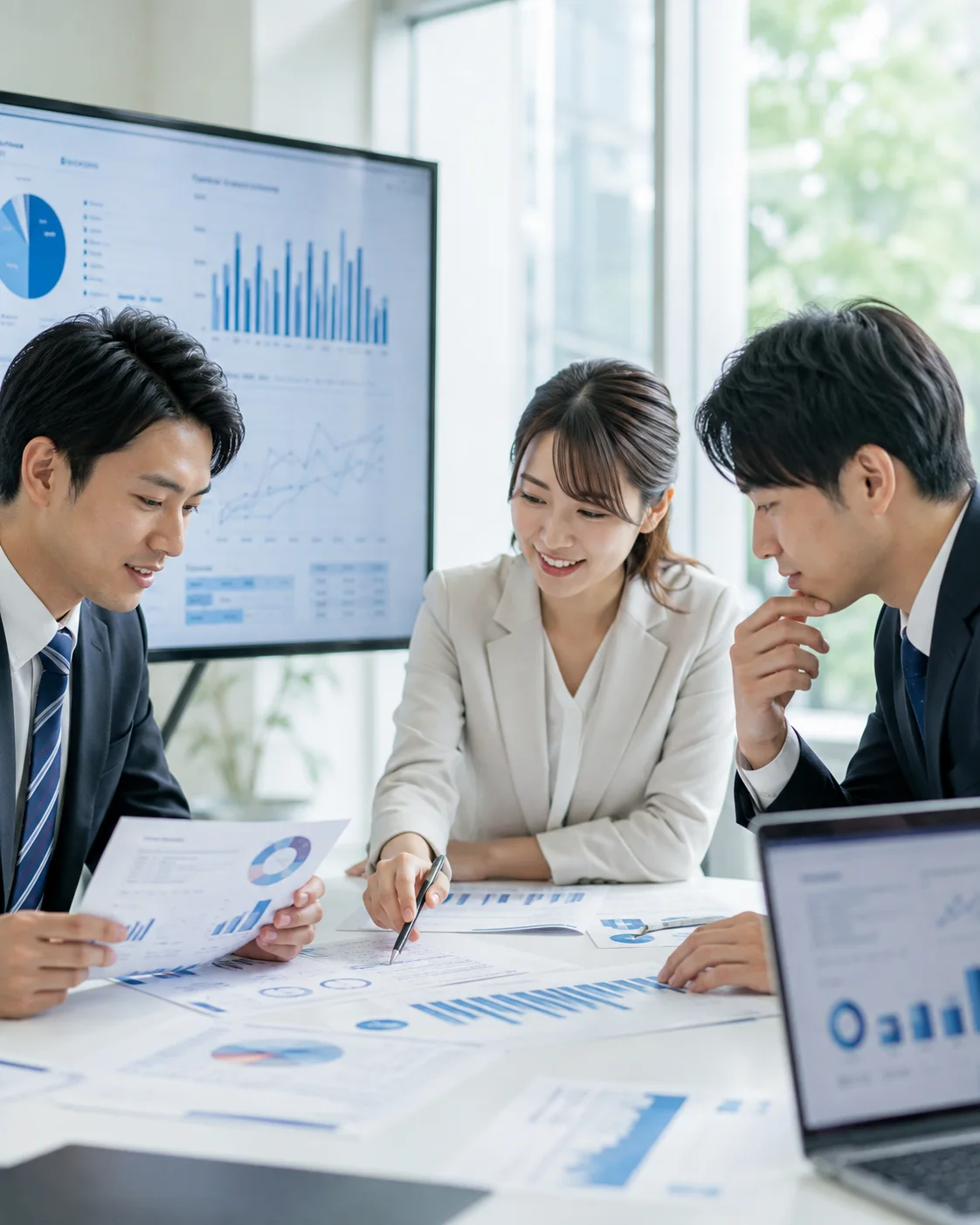 データを確認する日本人ビジネスチーム